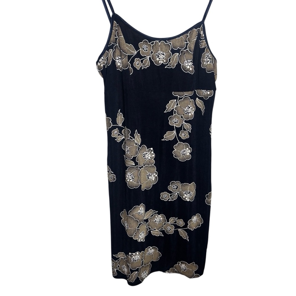 Vintage 90s Jalate nylon navy and tan textured floral mini slip dress slinky